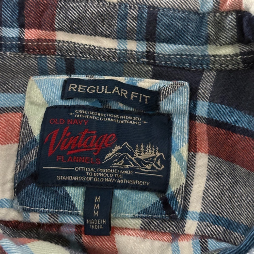 Old Navy Blue and Peach Flannel Plaid Button Down Shirt - Picture 5 of 5